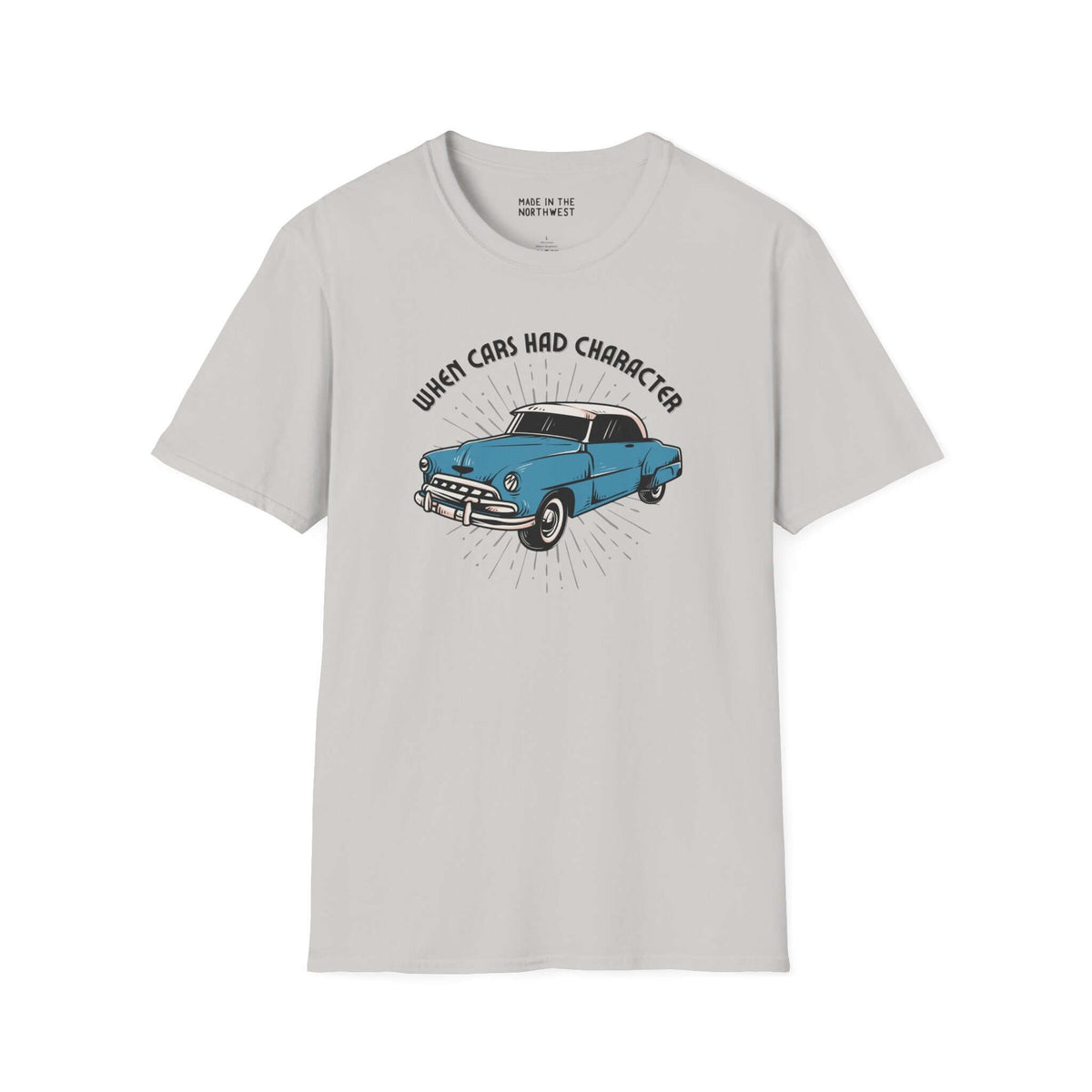 When Cars Had Character softstyle t-shirt featuring a classic blue 52 Chevy Deluxe Coupe design.