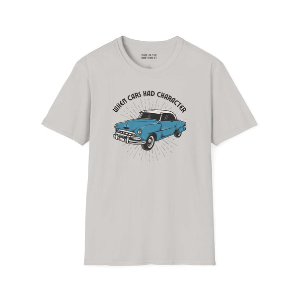When Cars Had Character softstyle t-shirt featuring a classic blue 52 Chevy Deluxe Coupe design.
