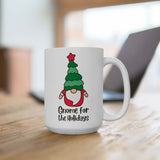 Gnome for the Holidays mug featuring a cheerful gnome design with Christmas tree, perfect for festive drinks.