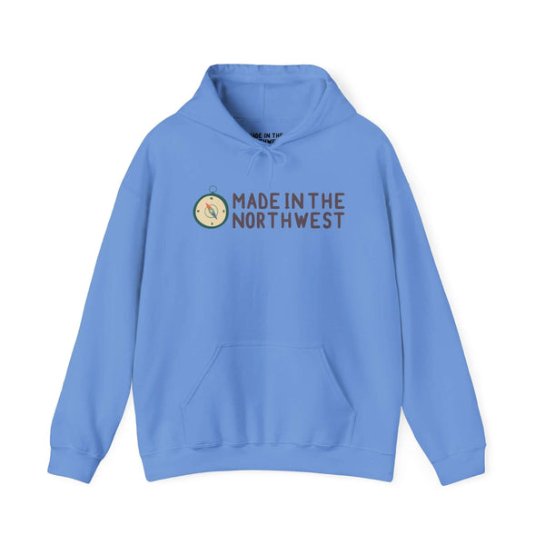 Blue hoodie featuring 'Made in the Northwest' logo with compass design, perfect for Pacific Northwest pride and outdoor enthusiasts.