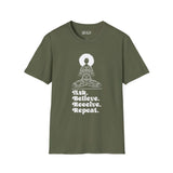 Olive green Ask Believe Receive Repeat t-shirt featuring a spiritual woman graphic and positive message.