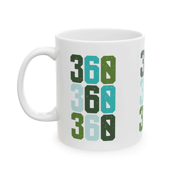 Three-Six-Oh Pop ceramic mug showcasing vibrant 360 design in greens and blues, perfect for coffee lovers.