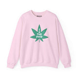 Chronic PNW Love sweatshirt featuring a bold green marijuana leaf on a pink background.
