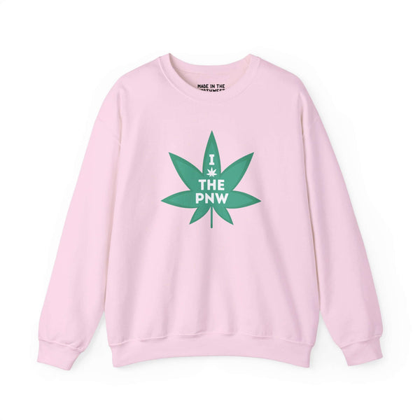 Chronic PNW Love sweatshirt featuring a bold green marijuana leaf on a pink background.