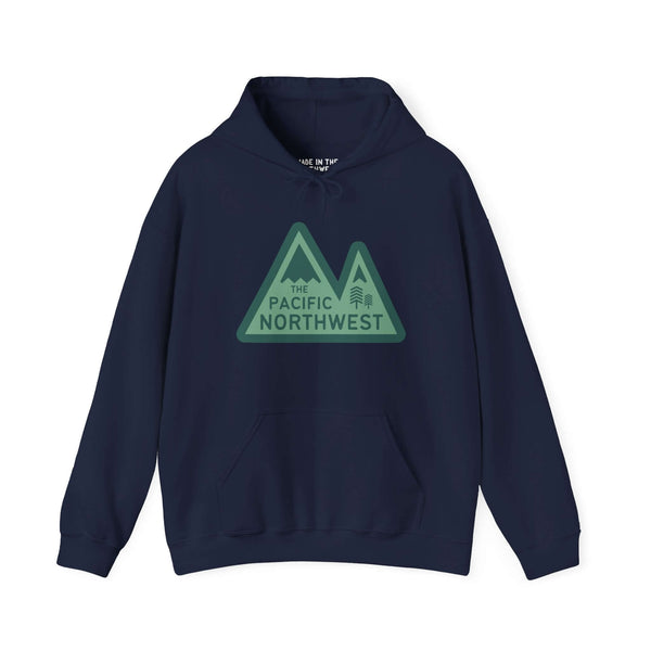 Pacific Northwest Heights Mountain Hoodie in navy with green mountain design featuring bold text, perfect for nature enthusiasts.