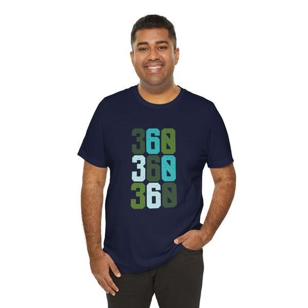 Model wearing the Three-Six-Oh Pop Premium Soft Tee with bold 360 area code design in vibrant colors.