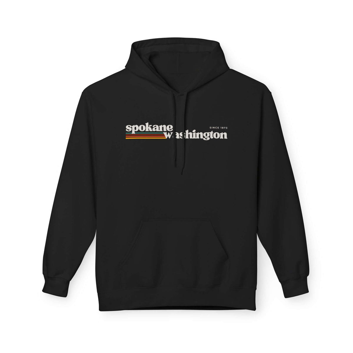 Retro Spokane Hoodie featuring Spokane Washington graphic with retro stripes on a black background.