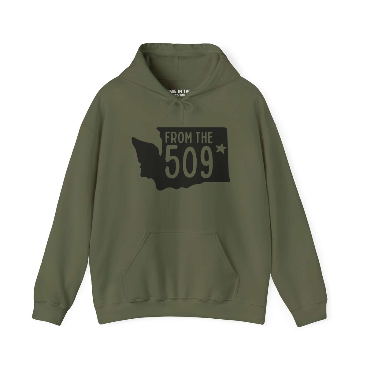 "From the 509 green hoodie featuring Washington state silhouette with Spokane star and bold text, showcasing local pride"