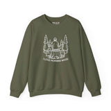 I Love Morning Wood sweatshirt in olive green featuring a lumberjack design with trees and an axe.