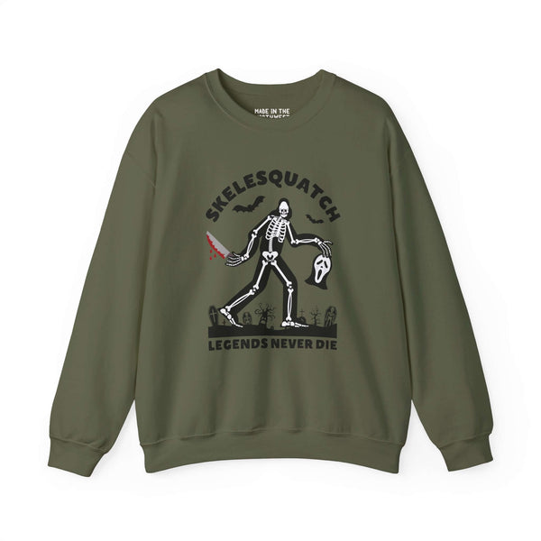 Skelesquatch sweatshirt with skeleton sasquatch, bloody knife, and Scream mask design on dark green fabric for Halloween.