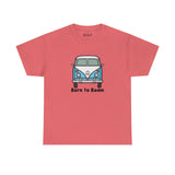 Born to Roam athletic tee featuring a vintage vanagon bus and peace sign, perfect for adventure lovers.