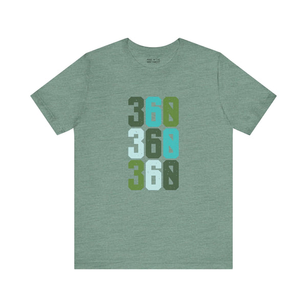 Green Three-Six-Oh Pop premium soft tee featuring vibrant 360 area code design in stacked colors.