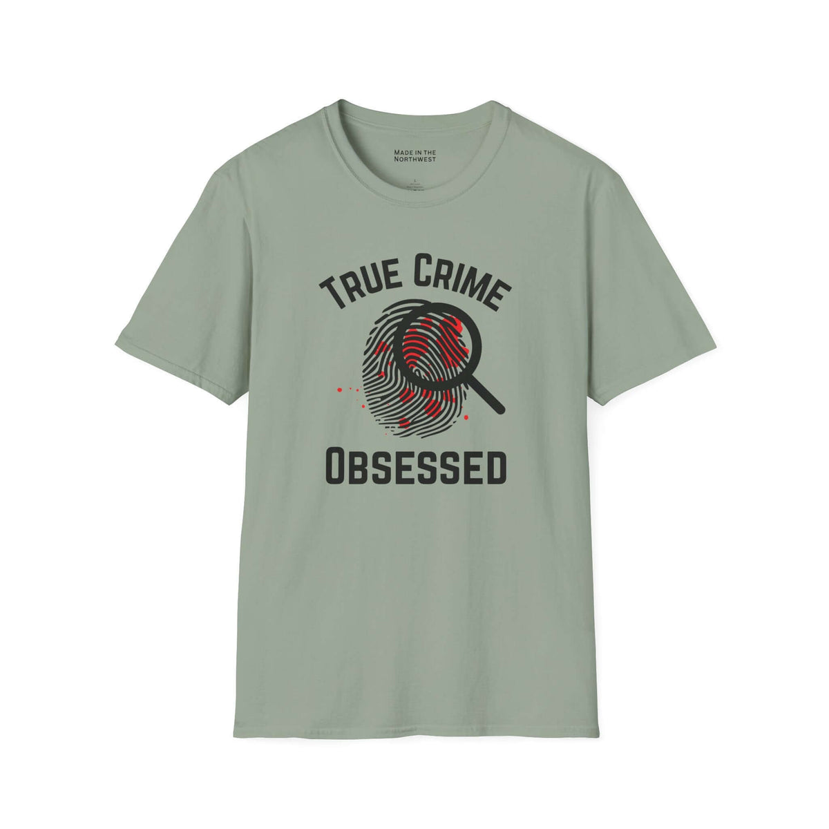 True Crime Obsessed T Shirt featuring a magnifying glass and fingerprint design with blood spatter details.
