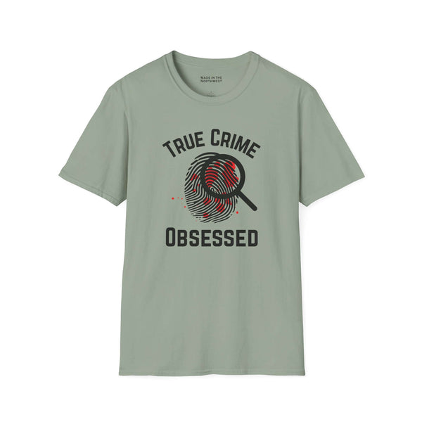 True Crime Obsessed T Shirt featuring a magnifying glass and fingerprint design with blood spatter details.