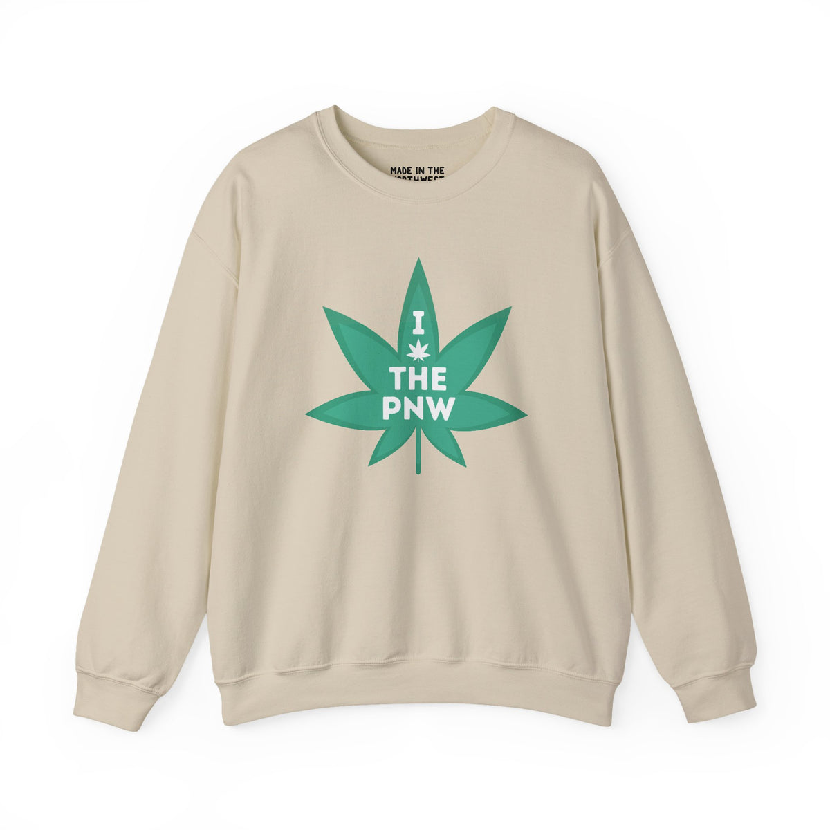Cozy beige sweatshirt featuring a green marijuana leaf graphic and 'I THE PNW' text, celebrating Pacific Northwest love.