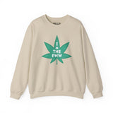 Cozy beige sweatshirt featuring a green marijuana leaf graphic and 'I THE PNW' text, celebrating Pacific Northwest love.