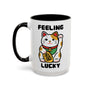 Feeling Lucky Cat Mug - Cute Maneki-Neko Illustration featuring a cheerful cat design with bold lettering.