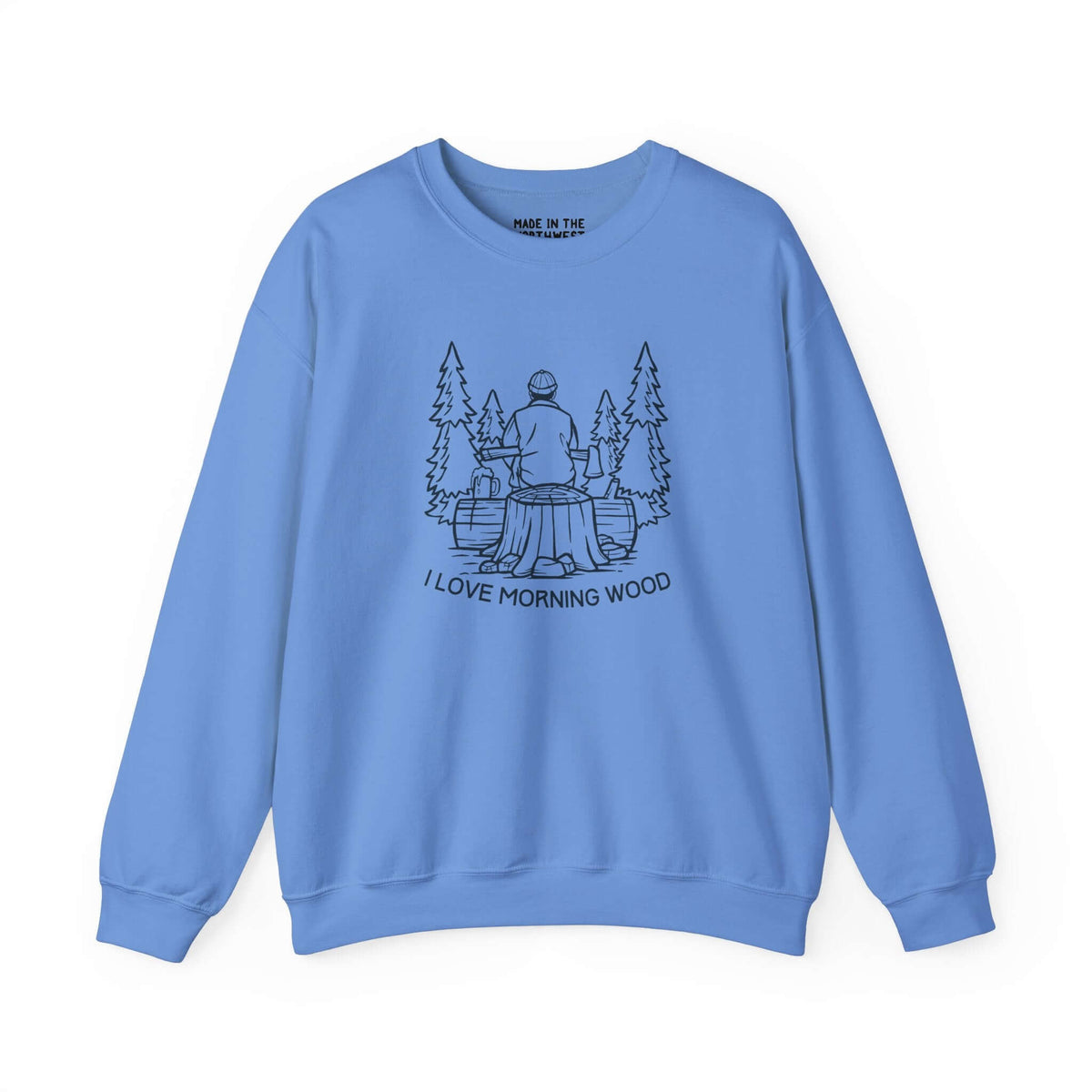 Light blue sweatshirt featuring 'I Love Morning Wood' design with an outdoorsman and trees.