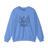 Light blue sweatshirt featuring 'I Love Morning Wood' design with an outdoorsman and trees.