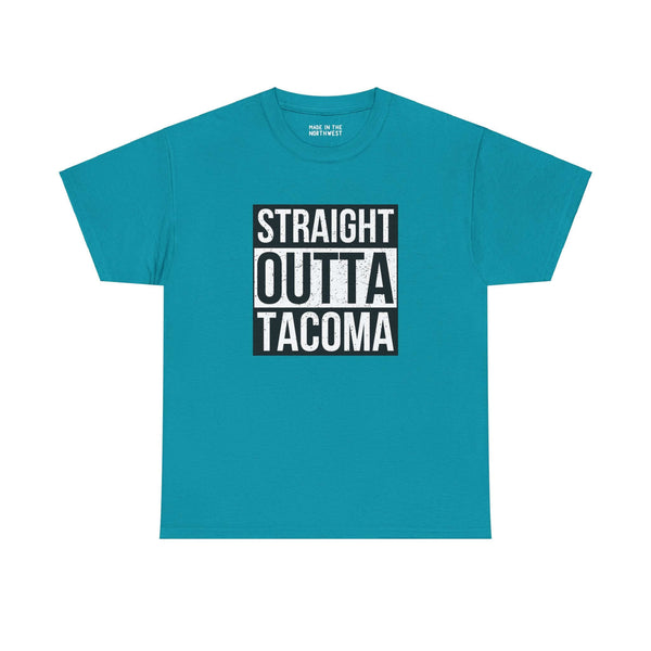 Teal "Straight Outta Tacoma" athletic tee showcasing local pride with bold streetwear style inspired by iconic designs.