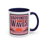 Happiness Comes in Waves Mug featuring a coral sunset and layered waves design on a white background.