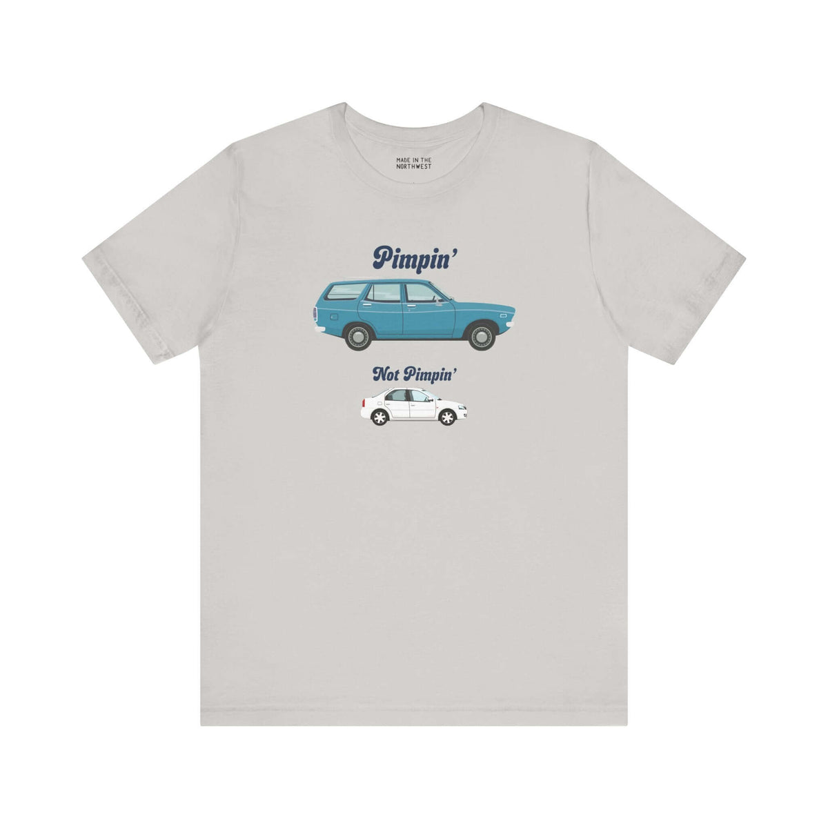 Premium soft tee featuring a Subaru wagon graphic with 'Pimpin' Not Pimpin' text.