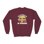 Kids sweatshirt featuring a gnome and mushroom with text 'I Had the Fungus Time in Spokane' on a maroon background.