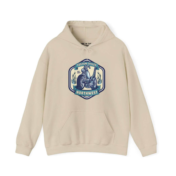 Custom Cycles Northwest hoodie featuring vintage motorcycle graphic, ideal for motorcycle enthusiasts.