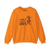 Chop It Like It's Hot unisex crewneck sweatshirt with animated tree and chainsaw design