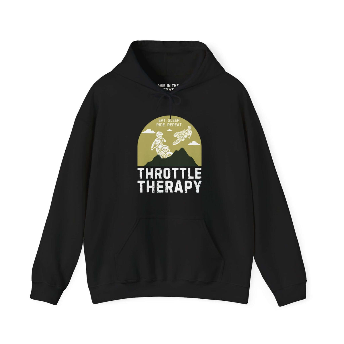 Throttle Therapy Hoodie featuring dirt bikers jumping against a mountain backdrop, perfect for motocross enthusiasts.