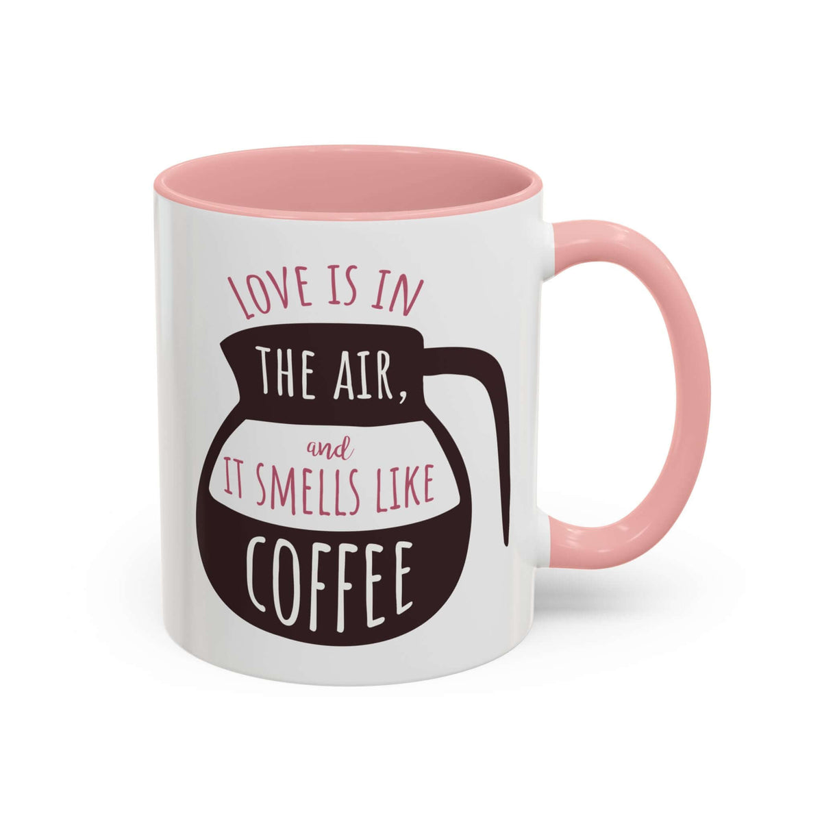 Love Smells Like Coffee Mug featuring playful design with retro carafe and hand-lettered phrase.