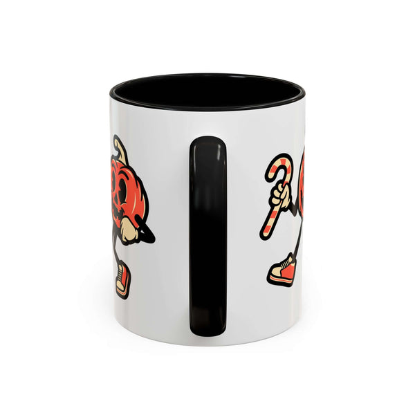 Merry Creepmas Mug featuring playful pumpkin design holding a candy cane, perfect for holiday mornings.