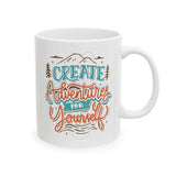 Create Adventures for Yourself Mug featuring a mountain silhouette and colorful text design.