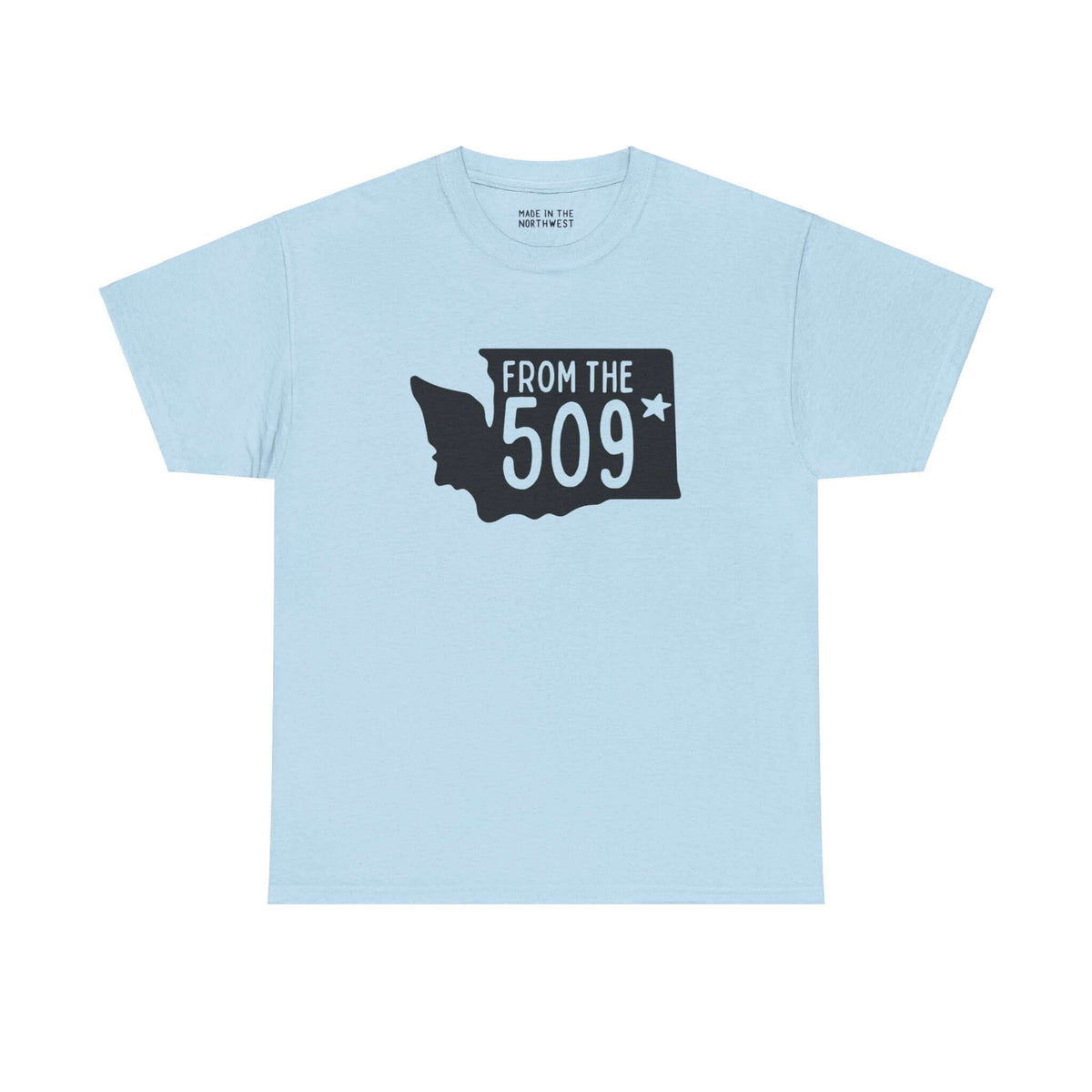 Light blue "From the 509" athletic tee with Washington state silhouette and Spokane star. Show local pride in style.