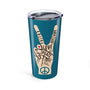 Power in Peace White Hand Stainless Coffee Tumbler 20 oz. with peace sign and words of faith, joy, love, and unity.