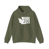 Olive green From the 206 Seattle hoodie featuring Washington state outline and star marking Seattle.