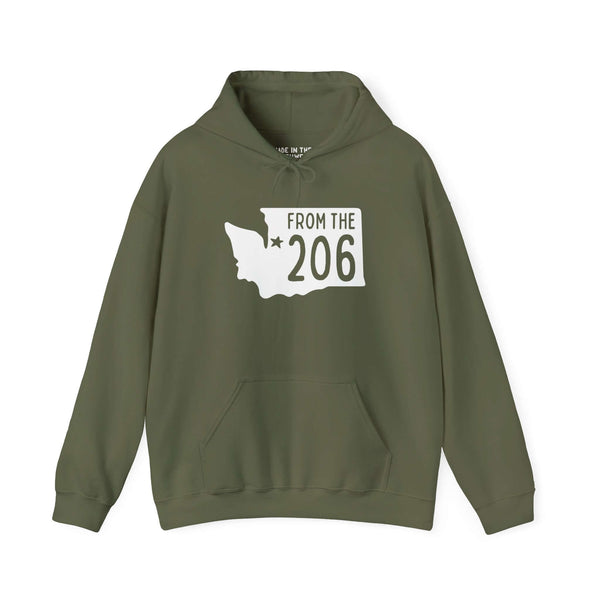 Olive green From the 206 Seattle hoodie featuring Washington state outline and star marking Seattle.