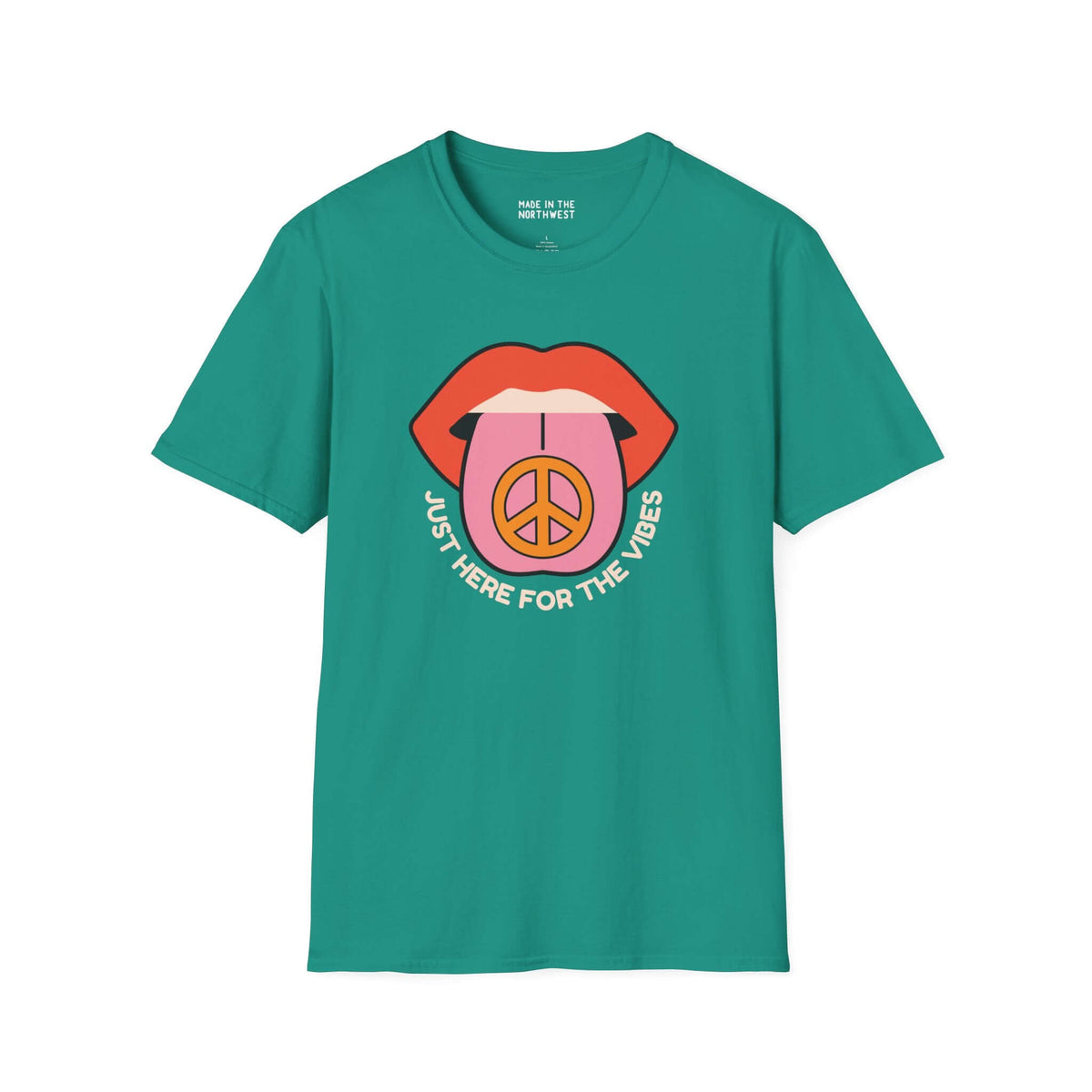 Teal softstyle t-shirt featuring a fun graphic saying 'Just Here for the Vibes' with colorful lips and peace sign.