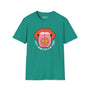 Teal softstyle t-shirt featuring a fun graphic saying 'Just Here for the Vibes' with colorful lips and peace sign.