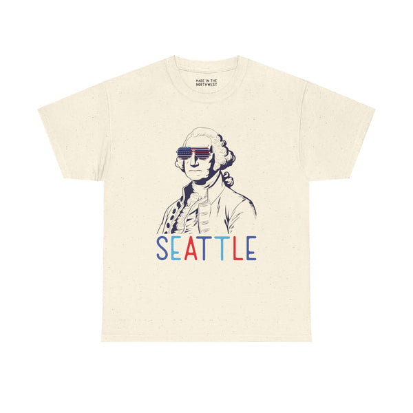 Seattle tee featuring George Washington with USA sunglasses for Fourth of July celebrations and local Emerald City pride.