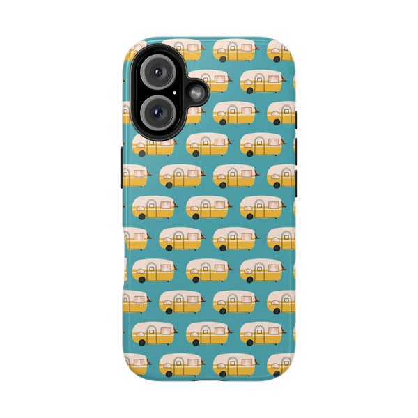 Happy Camper tough phone case with vintage camper design, perfect for travel enthusiasts and adventure lovers.
