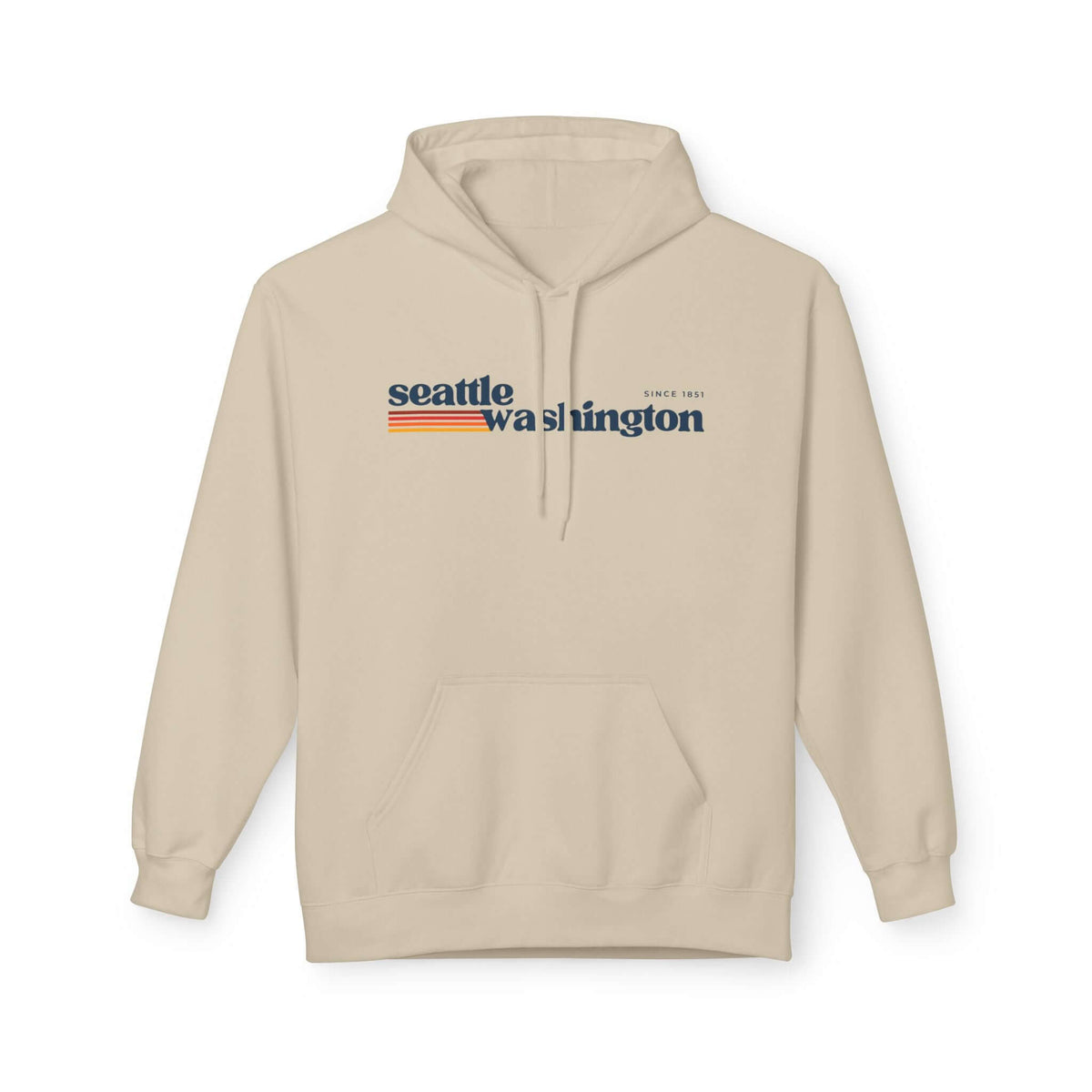 Retro Seattle Hoodie featuring minimalist Seattle Washington graphic and retro-inspired stripes in beige.