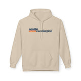 Retro Seattle Hoodie featuring minimalist Seattle Washington graphic and retro-inspired stripes in beige.