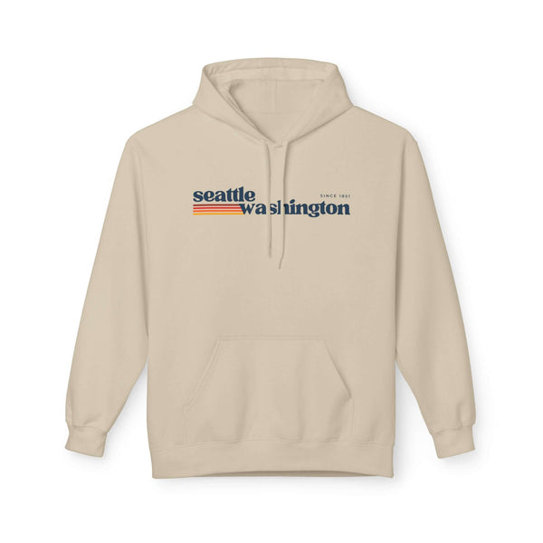 Retro Seattle Hoodie featuring minimalist Seattle Washington graphic and retro-inspired stripes in beige.
