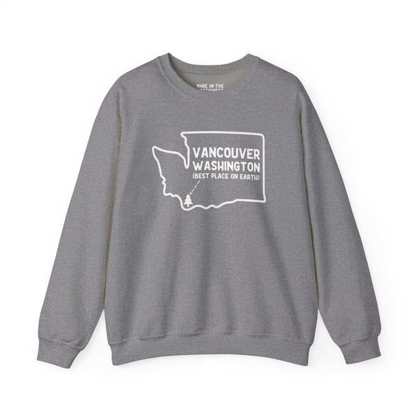 Gray Vancouver Washington sweatshirt with state outline and tree icon highlighting southwestern Washington pride.