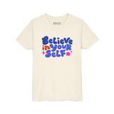 Believe in Yourself Kids T Shirt featuring colorful lettering and a positive message for children.