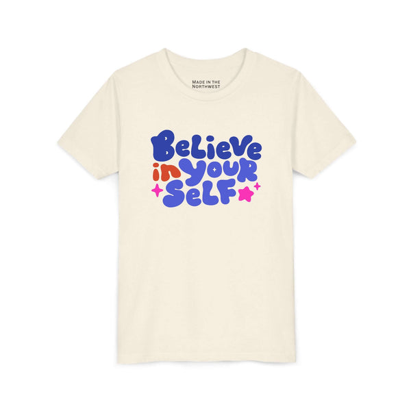 Believe in Yourself Kids T Shirt featuring colorful lettering and a positive message for children.