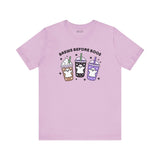 Brews Before Boos Halloween Coffee Premium Soft Tee with cute ghost-themed iced coffees design.