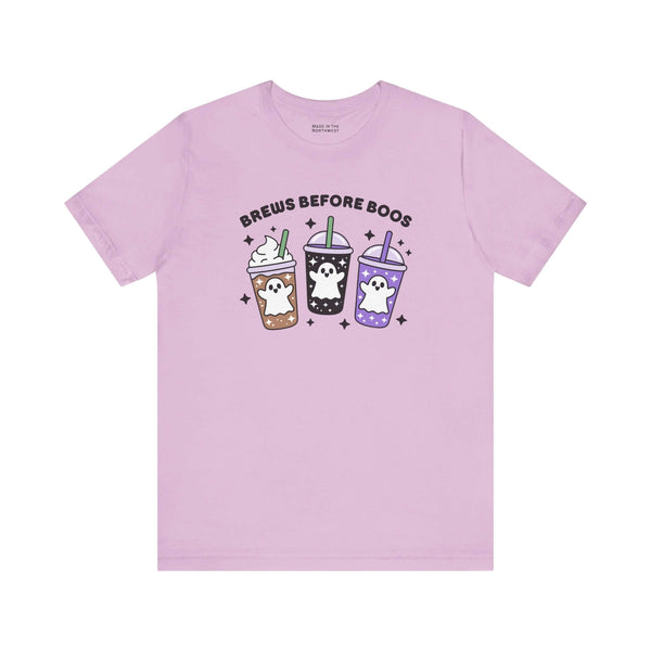 Brews Before Boos Halloween Coffee Premium Soft Tee with cute ghost-themed iced coffees design.