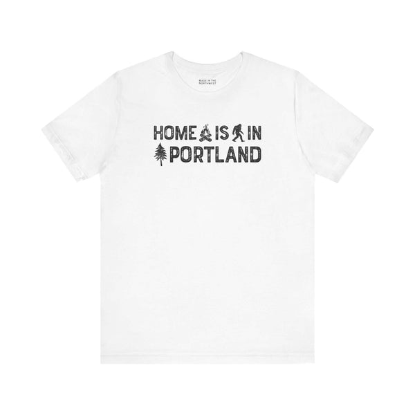 Home Is in Portland Tee – Rose City Pride Shirt featuring camping and tree illustrations.